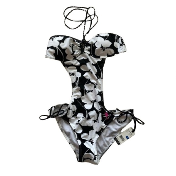 Women's XL NWT US Polo Assn. Swimsuit Black White Floral Cutouts Halter - Picture 1 of 14